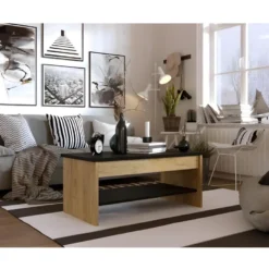 HAPPY Table Basse Relevable - Decor Chene Et Noir - L 100 X P 50 X H 44 Cm -Pas Cher Mobiliora Magasin table basse 12807423