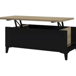 Table Basse Avec Plateau Relevable - Decor Chene Et Noir - L 100 X P 50/72 X H 42/55 Cm