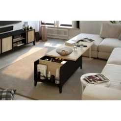 Table Basse Avec Plateau Relevable - Decor Chene Et Noir - L 100 X P 50/72 X H 42/55 Cm -Pas Cher Mobiliora Magasin table basse 12807607