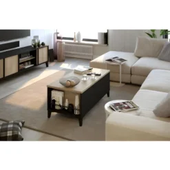 Table Basse Avec Plateau Relevable - Decor Chene Et Noir - L 100 X P 50/72 X H 42/55 Cm -Pas Cher Mobiliora Magasin table basse 12807609