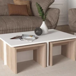 Tables Basses Gigognes - Blanc Et Naturel - LUDOVA -Pas Cher Mobiliora Magasin table basse 13081043