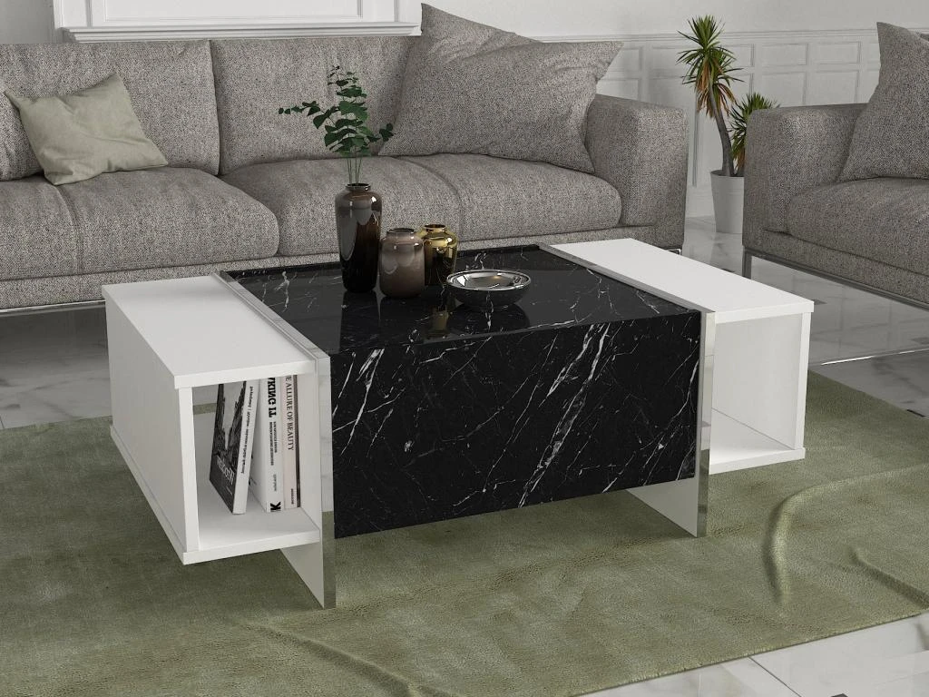 Table Basse Avec 1 Porte Et 2 Niches - Effet Marbre Noir, Blanc Et Chromé - CADEBA 3 Table Basse Avec 1 Porte Et 2 Niches - Effet Marbre Noir, Blanc Et Chromé - CADEBA