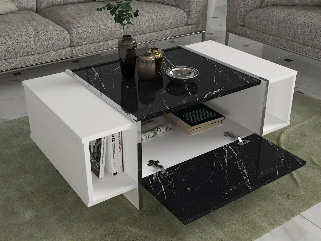 Table Basse Avec 1 Porte Et 2 Niches - Effet Marbre Noir, Blanc Et Chromé - CADEBA 6 Table Basse Avec 1 Porte Et 2 Niches - Effet Marbre Noir, Blanc Et Chromé - CADEBA – Image 4