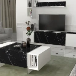 Table Basse Avec 1 Porte Et 2 Niches - Effet Marbre Noir, Blanc Et Chromé - CADEBA 10 Table Basse Avec 1 Porte Et 2 Niches - Effet Marbre Noir, Blanc Et Chromé - CADEBA -Pas Cher Mobiliora Magasin table basse 13099681