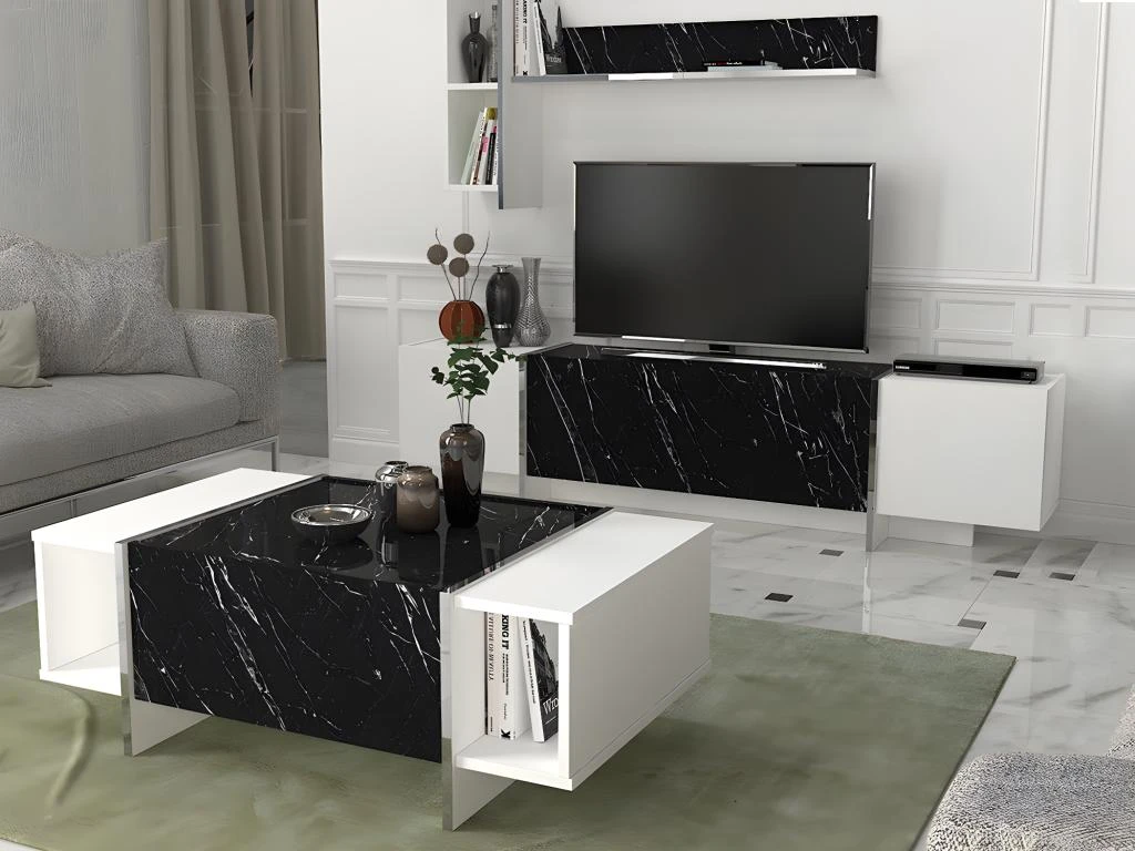 Table Basse Avec 1 Porte Et 2 Niches - Effet Marbre Noir, Blanc Et Chromé - CADEBA 4 Table Basse Avec 1 Porte Et 2 Niches - Effet Marbre Noir, Blanc Et Chromé - CADEBA – Image 2