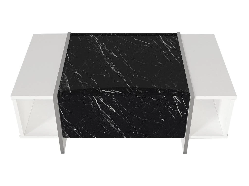 Table Basse Avec 1 Porte Et 2 Niches - Effet Marbre Noir, Blanc Et Chromé - CADEBA 9 Table Basse Avec 1 Porte Et 2 Niches - Effet Marbre Noir, Blanc Et Chromé - CADEBA – Image 7