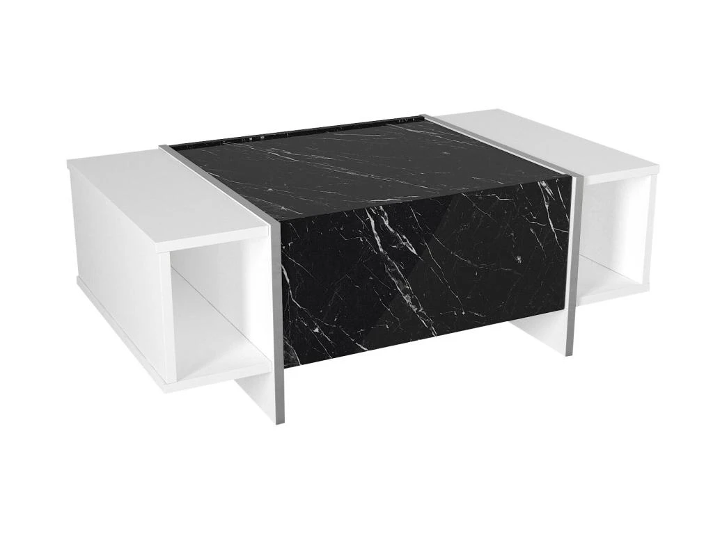 Table Basse Avec 1 Porte Et 2 Niches - Effet Marbre Noir, Blanc Et Chromé - CADEBA 7 Table Basse Avec 1 Porte Et 2 Niches - Effet Marbre Noir, Blanc Et Chromé - CADEBA – Image 5