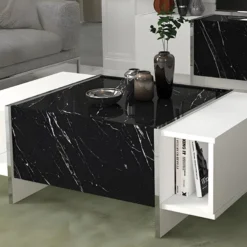 Table Basse Avec 1 Porte Et 2 Niches - Effet Marbre Noir, Blanc Et Chromé - CADEBA 11 Table Basse Avec 1 Porte Et 2 Niches - Effet Marbre Noir, Blanc Et Chromé - CADEBA -Pas Cher Mobiliora Magasin table basse 13099695