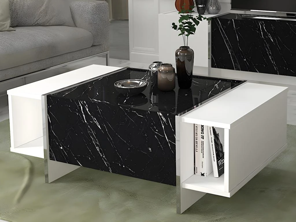Table Basse Avec 1 Porte Et 2 Niches - Effet Marbre Noir, Blanc Et Chromé - CADEBA 5 Table Basse Avec 1 Porte Et 2 Niches - Effet Marbre Noir, Blanc Et Chromé - CADEBA – Image 3