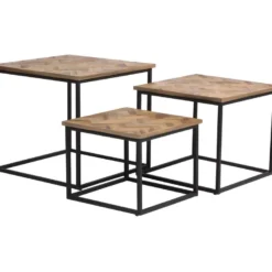 Bobokan - 3 Tables Basses Gigognes Carrées En Métal Et Teck Recyclé - Couleur - Bois Clair / Noir