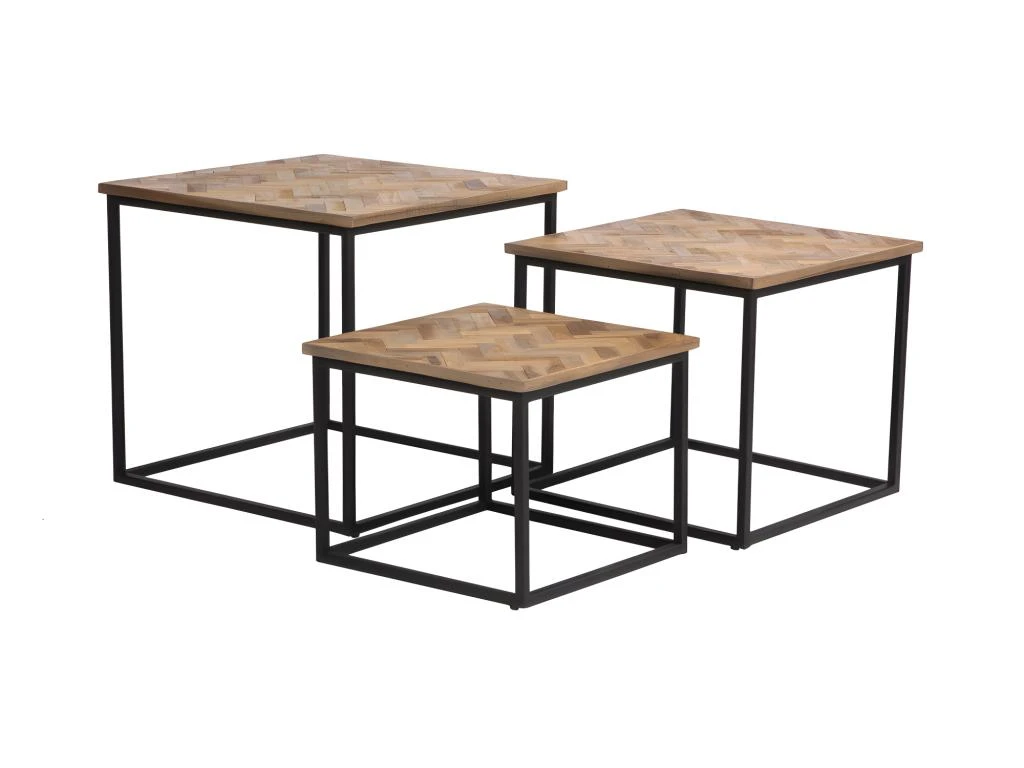 Bobokan - 3 Tables Basses Gigognes Carrées En Métal Et Teck Recyclé - Couleur - Bois Clair / Noir 3 Bobokan - 3 Tables Basses Gigognes Carrées En Métal Et Teck Recyclé - Couleur - Bois Clair / Noir