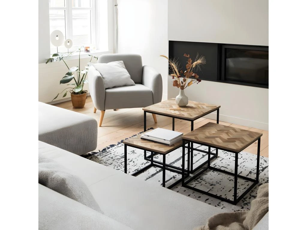 Bobokan - 3 Tables Basses Gigognes Carrées En Métal Et Teck Recyclé - Couleur - Bois Clair / Noir 4 Bobokan - 3 Tables Basses Gigognes Carrées En Métal Et Teck Recyclé - Couleur - Bois Clair / Noir – Image 2