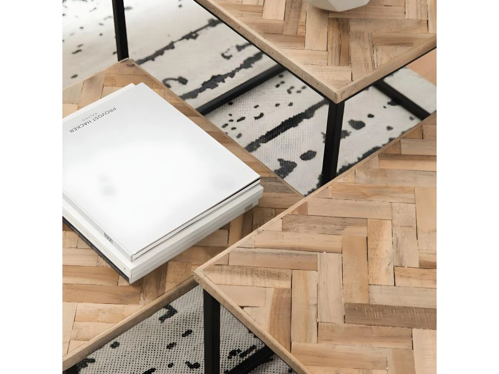 Bobokan - 3 Tables Basses Gigognes Carrées En Métal Et Teck Recyclé - Couleur - Bois Clair / Noir 5 Bobokan - 3 Tables Basses Gigognes Carrées En Métal Et Teck Recyclé - Couleur - Bois Clair / Noir – Image 3