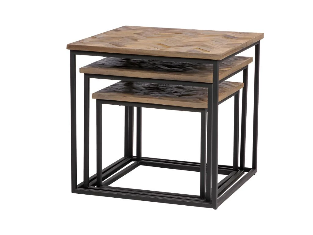 Bobokan - 3 Tables Basses Gigognes Carrées En Métal Et Teck Recyclé - Couleur - Bois Clair / Noir 9 Bobokan - 3 Tables Basses Gigognes Carrées En Métal Et Teck Recyclé - Couleur - Bois Clair / Noir – Image 7