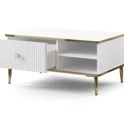 Table Basse Avec 1 Tiroir Et 2 Niches En MDF Et Acier - Blanc Et Doré - SINEAD De Pascal MORABITO -Pas Cher Mobiliora Magasin table basse 13514095