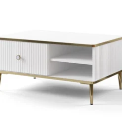 Table Basse Avec 1 Tiroir Et 2 Niches En MDF Et Acier - Blanc Et Doré - SINEAD De Pascal MORABITO -Pas Cher Mobiliora Magasin table basse 13514101