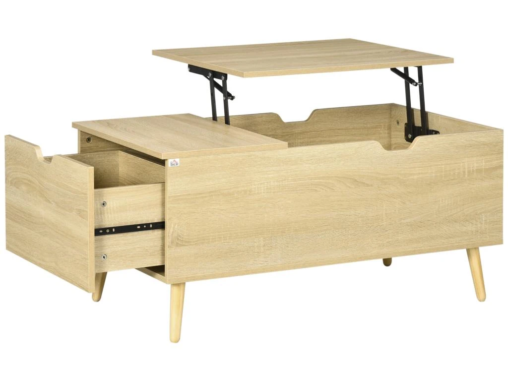 Table Basse Relevable Design Scandinave - Tiroir, Coffre Interne - Acier Piètement Bois Pin Panneaux Aspect Chêne Clair 4 Table Basse Relevable Design Scandinave - Tiroir, Coffre Interne - Acier Piètement Bois Pin Panneaux Aspect Chêne Clair – Image 2