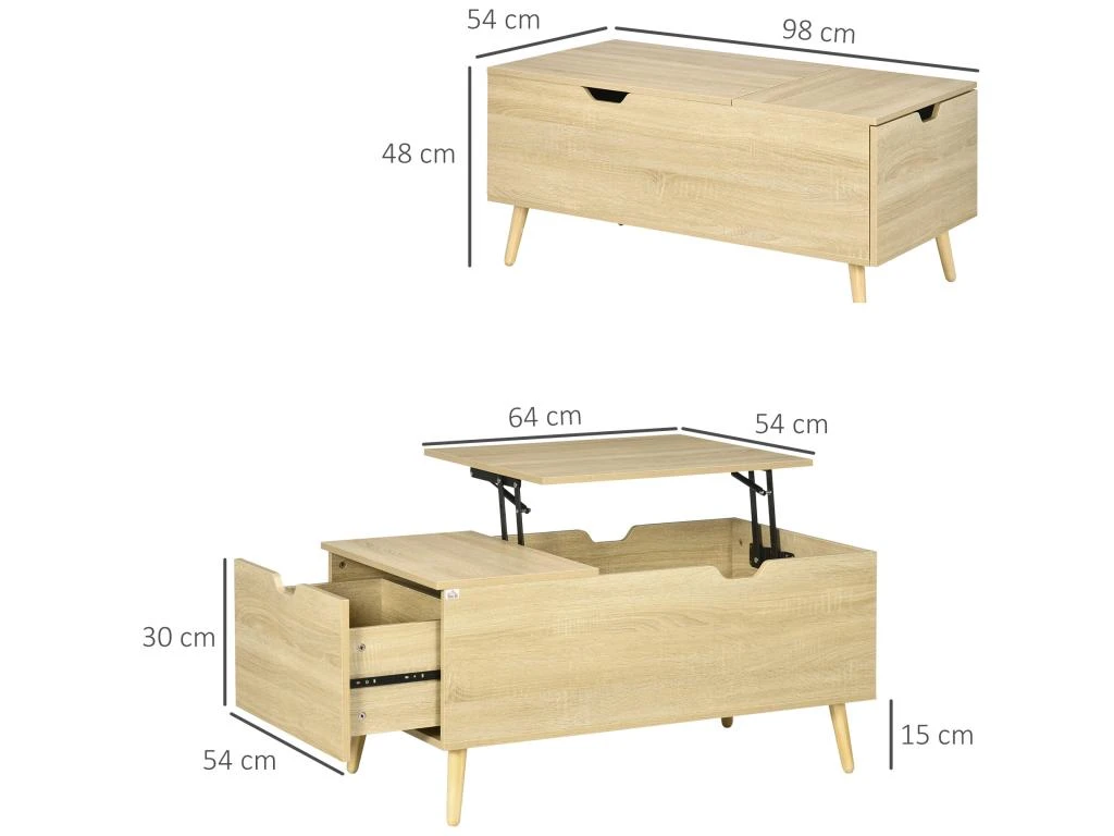 Table Basse Relevable Design Scandinave - Tiroir, Coffre Interne - Acier Piètement Bois Pin Panneaux Aspect Chêne Clair 5 Table Basse Relevable Design Scandinave - Tiroir, Coffre Interne - Acier Piètement Bois Pin Panneaux Aspect Chêne Clair – Image 3
