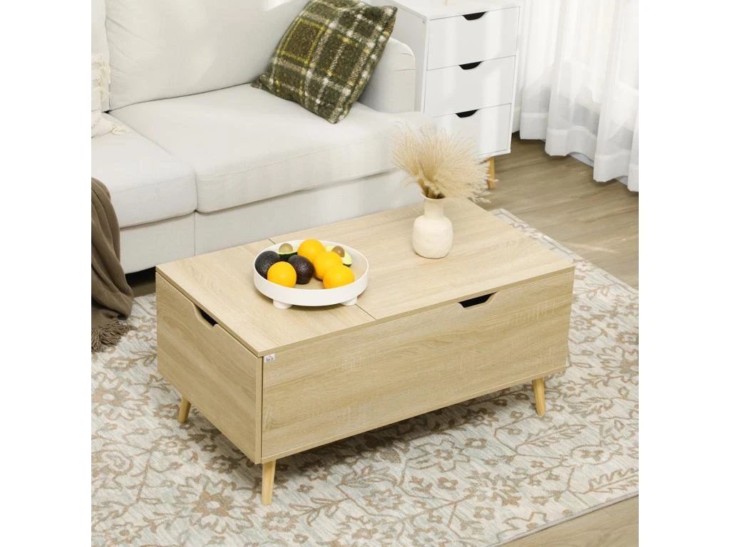 Table Basse Relevable Design Scandinave - Tiroir, Coffre Interne - Acier Piètement Bois Pin Panneaux Aspect Chêne Clair 7 Table Basse Relevable Design Scandinave - Tiroir, Coffre Interne - Acier Piètement Bois Pin Panneaux Aspect Chêne Clair – Image 5