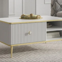 Table Basse Avec 1 Tiroir Et 2 Niches En MDF Et Acier - Blanc Et Doré - SINEAD De Pascal MORABITO -Pas Cher Mobiliora Magasin table basse 13670571