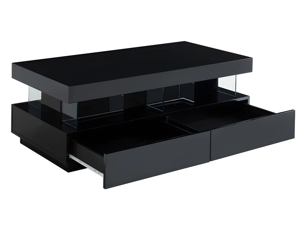 Table Basse 2 Tiroirs Et 2 Niches Avec LEDs - MDF Et Verre Trempé - Noir Laqué - FABIO II 8 Table Basse 2 Tiroirs Et 2 Niches Avec LEDs - MDF Et Verre Trempé - Noir Laqué - FABIO II – Image 6