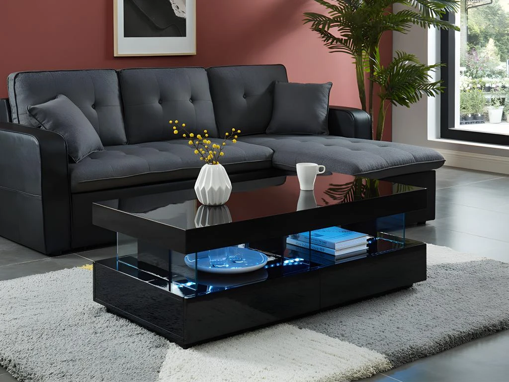 Table Basse 2 Tiroirs Et 2 Niches Avec LEDs - MDF Et Verre Trempé - Noir Laqué - FABIO II 3 Table Basse 2 Tiroirs Et 2 Niches Avec LEDs - MDF Et Verre Trempé - Noir Laqué - FABIO II