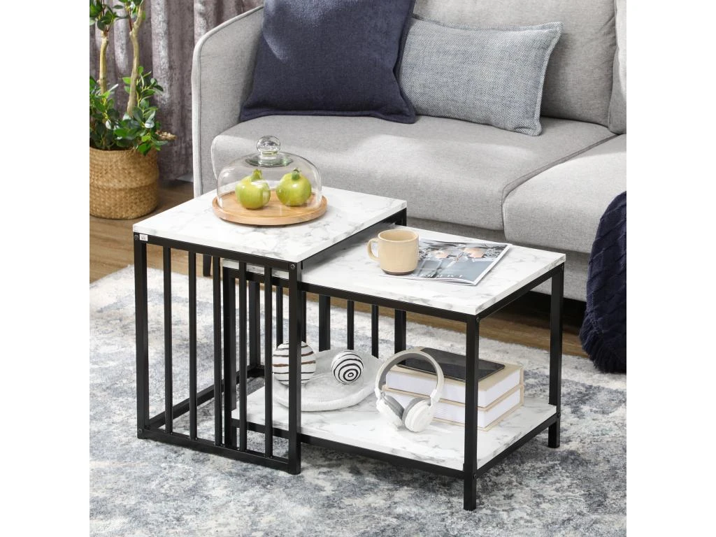 Lot De 2 Tables Basses Gigognes Design - Acier Noir Panneaux Aspect Marbre Blanc 3 Lot De 2 Tables Basses Gigognes Design - Acier Noir Panneaux Aspect Marbre Blanc