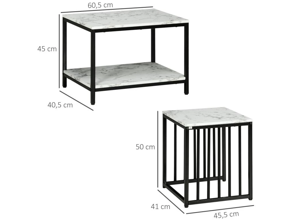 Lot De 2 Tables Basses Gigognes Design - Acier Noir Panneaux Aspect Marbre Blanc 4 Lot De 2 Tables Basses Gigognes Design - Acier Noir Panneaux Aspect Marbre Blanc – Image 2