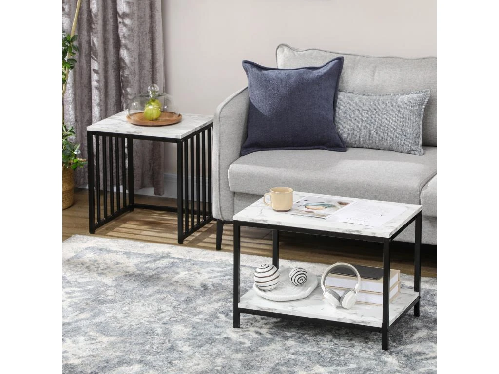 Lot De 2 Tables Basses Gigognes Design - Acier Noir Panneaux Aspect Marbre Blanc 6 Lot De 2 Tables Basses Gigognes Design - Acier Noir Panneaux Aspect Marbre Blanc – Image 4