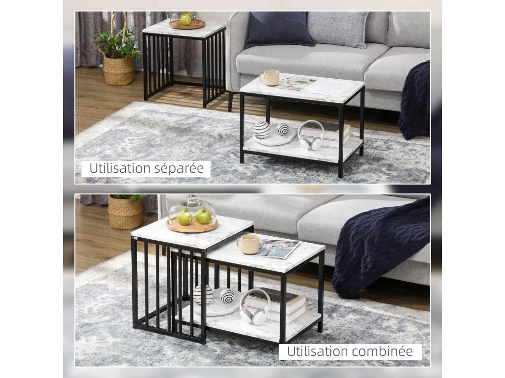 Lot De 2 Tables Basses Gigognes Design - Acier Noir Panneaux Aspect Marbre Blanc 7 Lot De 2 Tables Basses Gigognes Design - Acier Noir Panneaux Aspect Marbre Blanc – Image 5