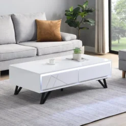 Table Basse 2 Tiroirs Avec LEDs En MDF - Blanc Laqué - SALIANO