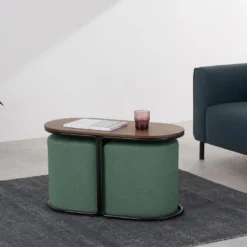 Table Basse + 2 Poufs En Tissu - Naturel Et Vert - ADAR