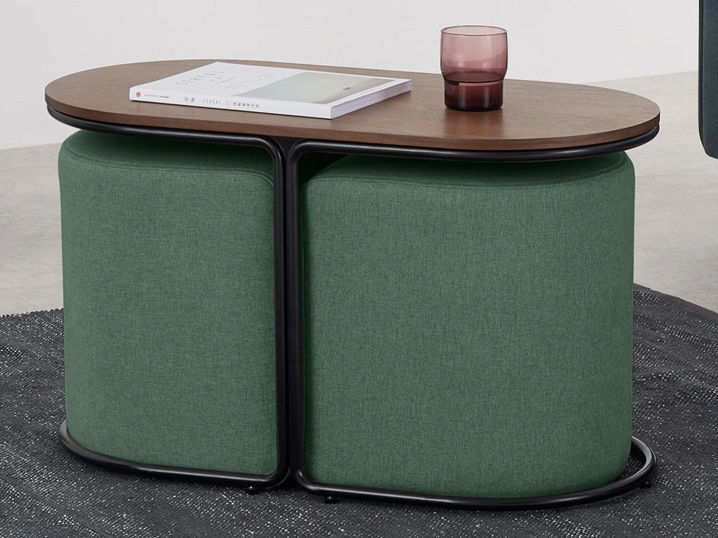 Table Basse + 2 Poufs En Tissu - Naturel Et Vert - ADAR 4 Table Basse + 2 Poufs En Tissu - Naturel Et Vert - ADAR – Image 2