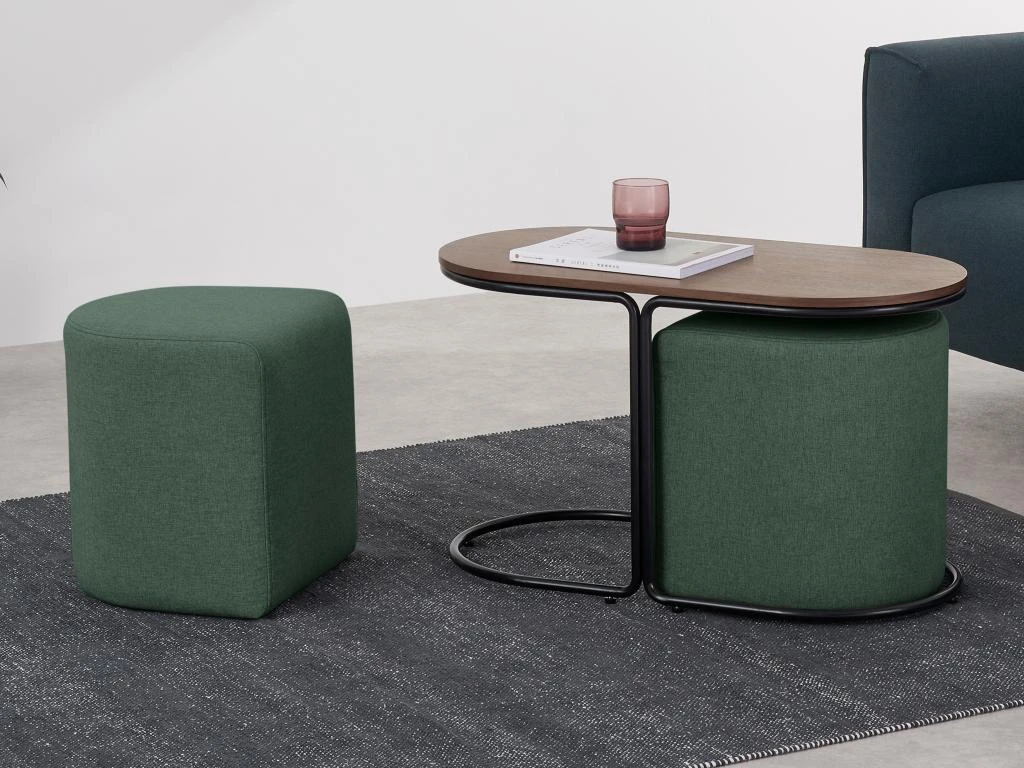 Table Basse + 2 Poufs En Tissu - Naturel Et Vert - ADAR 5 Table Basse + 2 Poufs En Tissu - Naturel Et Vert - ADAR – Image 3