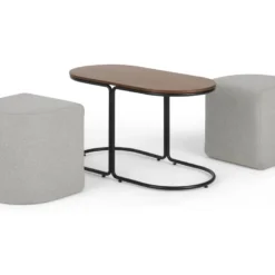 Table Basse + 2 Poufs En Tissu - Naturel Et Gris - ADAR -Pas Cher Mobiliora Magasin table basse 14275301