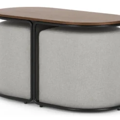 Table Basse + 2 Poufs En Tissu - Naturel Et Gris - ADAR -Pas Cher Mobiliora Magasin table basse 14275363