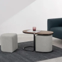 Table Basse + 2 Poufs En Tissu - Naturel Et Gris - ADAR -Pas Cher Mobiliora Magasin table basse 14275383