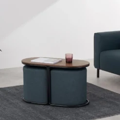 Table Basse + 2 Poufs En Tissu - Naturel Et Bleu - ADAR