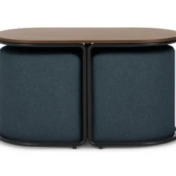 Table Basse + 2 Poufs En Tissu - Naturel Et Bleu - ADAR -Pas Cher Mobiliora Magasin table basse 14276561