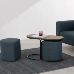 Table Basse + 2 Poufs En Tissu - Naturel Et Bleu - ADAR -Pas Cher Mobiliora Magasin table basse 14276591