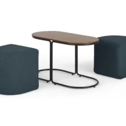 Table Basse + 2 Poufs En Tissu - Naturel Et Bleu - ADAR -Pas Cher Mobiliora Magasin table basse 14276593