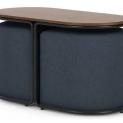 Table Basse + 2 Poufs En Tissu - Naturel Et Bleu - ADAR -Pas Cher Mobiliora Magasin table basse 14276611