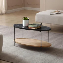 Table Basse Double Plateau En Céramique Et Bois D'hévéa - Effet Marbre Noir Et Naturel - FUDILA -Pas Cher Mobiliora Magasin table basse 14289953