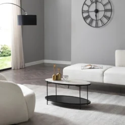 Table Basse Double Plateau En Céramique Et Bois D'hévéa - Effet Marbre Blanc Et Noir - FUDILA