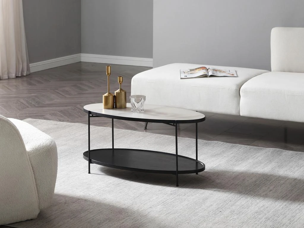 Table Basse Double Plateau En Céramique Et Bois D'hévéa - Effet Marbre Blanc Et Noir - FUDILA 4 Table Basse Double Plateau En Céramique Et Bois D'hévéa - Effet Marbre Blanc Et Noir - FUDILA – Image 2