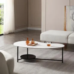 Table Basse Avec 1 étagère - Céramique, Verre Et Métal - Effet Marbre Blanc Et Noir - MURIENA