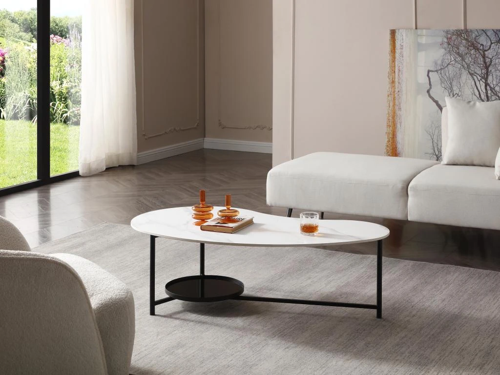 Table Basse Avec 1 étagère - Céramique, Verre Et Métal - Effet Marbre Blanc Et Noir - MURIENA 3 Table Basse Avec 1 étagère - Céramique, Verre Et Métal - Effet Marbre Blanc Et Noir - MURIENA