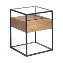 Table D'appoint 1 Tiroir Métal/Verre/Noyer - LIVER