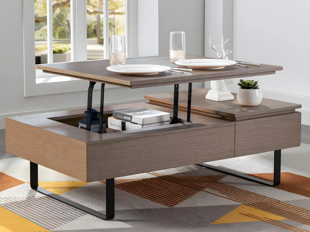 Table Basse Avec Plateau Relevable Et 1 Tiroir En MDF Et Métal - Naturel Foncé - DALAHO 5 Table Basse Avec Plateau Relevable Et 1 Tiroir En MDF Et Métal - Naturel Foncé - DALAHO – Image 3