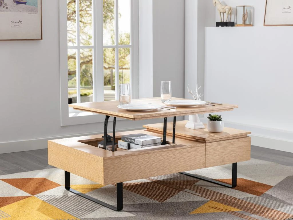 Table Basse Avec Plateau Relevable Et 1 Tiroir En MDF Et Métal - Naturel Clair - DALAHO 3 Table Basse Avec Plateau Relevable Et 1 Tiroir En MDF Et Métal - Naturel Clair - DALAHO